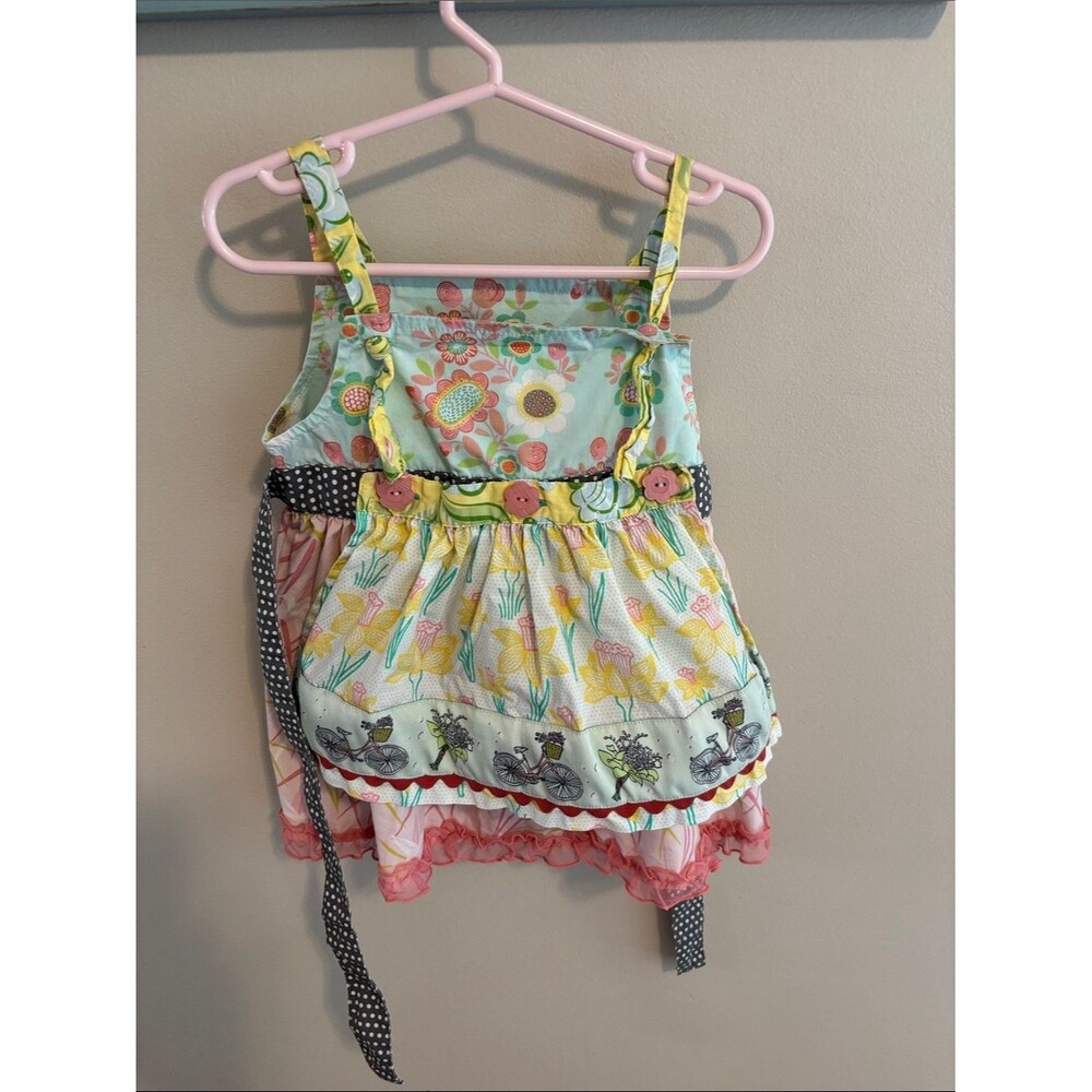 Matilda Jane Girls Knot Apron Dress Bike Path Daffodil Size 4 Pink Blue